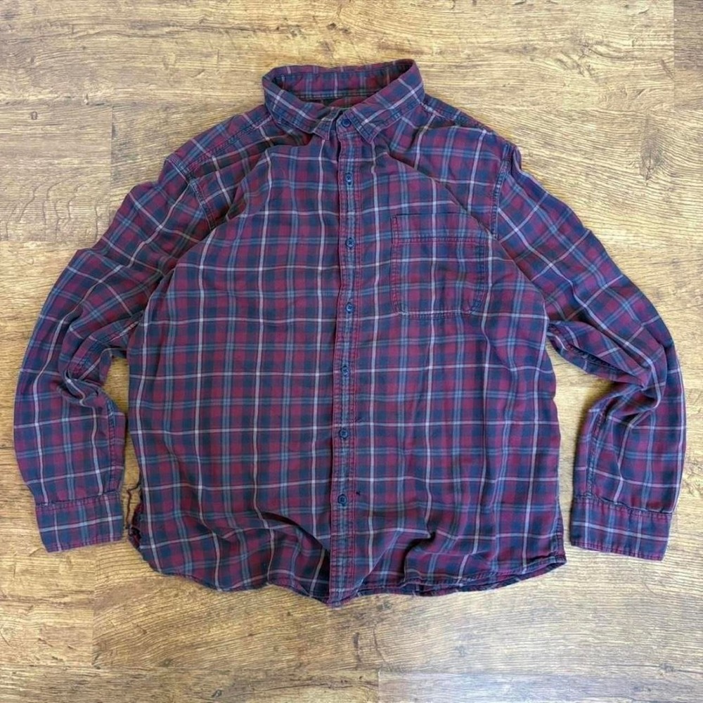 American Eagle Mens XXL Flannel Shirt Red Navy Plaid Distressed Grunge Workwear
